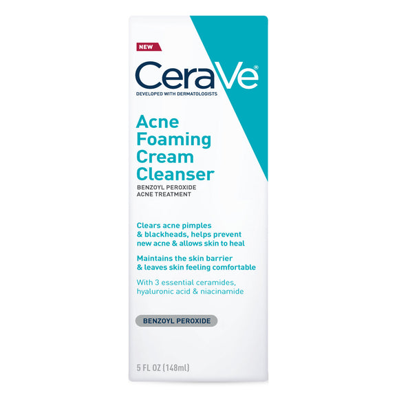Acne Foaming Cream Cleanser | Acne Treatment Face Wash with 4% Benzoyl Peroxide, Hyaluronic Acid, and Niacinamide | Cream to Foam Formula | 5 Oz, 150ml