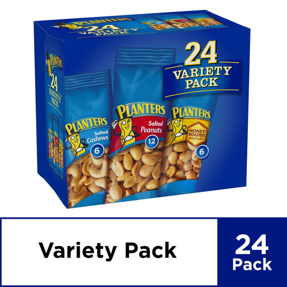 Planters Nut 24 Count-Variety Pack, Salted Peanuts, Honey Roasted Peanuts & Salted Cashews Ready-to-Go Sleeves, 40.5 oz Multi-Pack Box